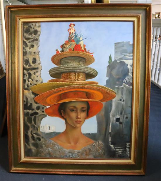 § Jean-Pierre Alaux (French b.1925) Woman wearing multiple hats 36 x 28in.